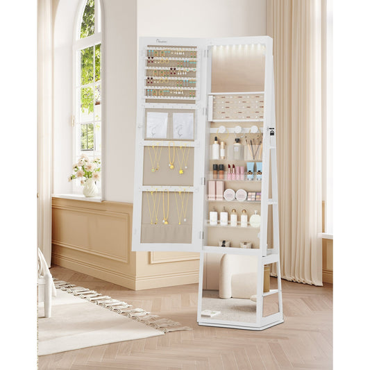 Sieradekast – Sieradenkast – Jewelry Organizer – Sieradenopberger – Make-up Kast – 360° Draaibare Spiegel – Veilig Afsluitbaar – 4 Lade Opbergvakken – Wit Met Beige Voering