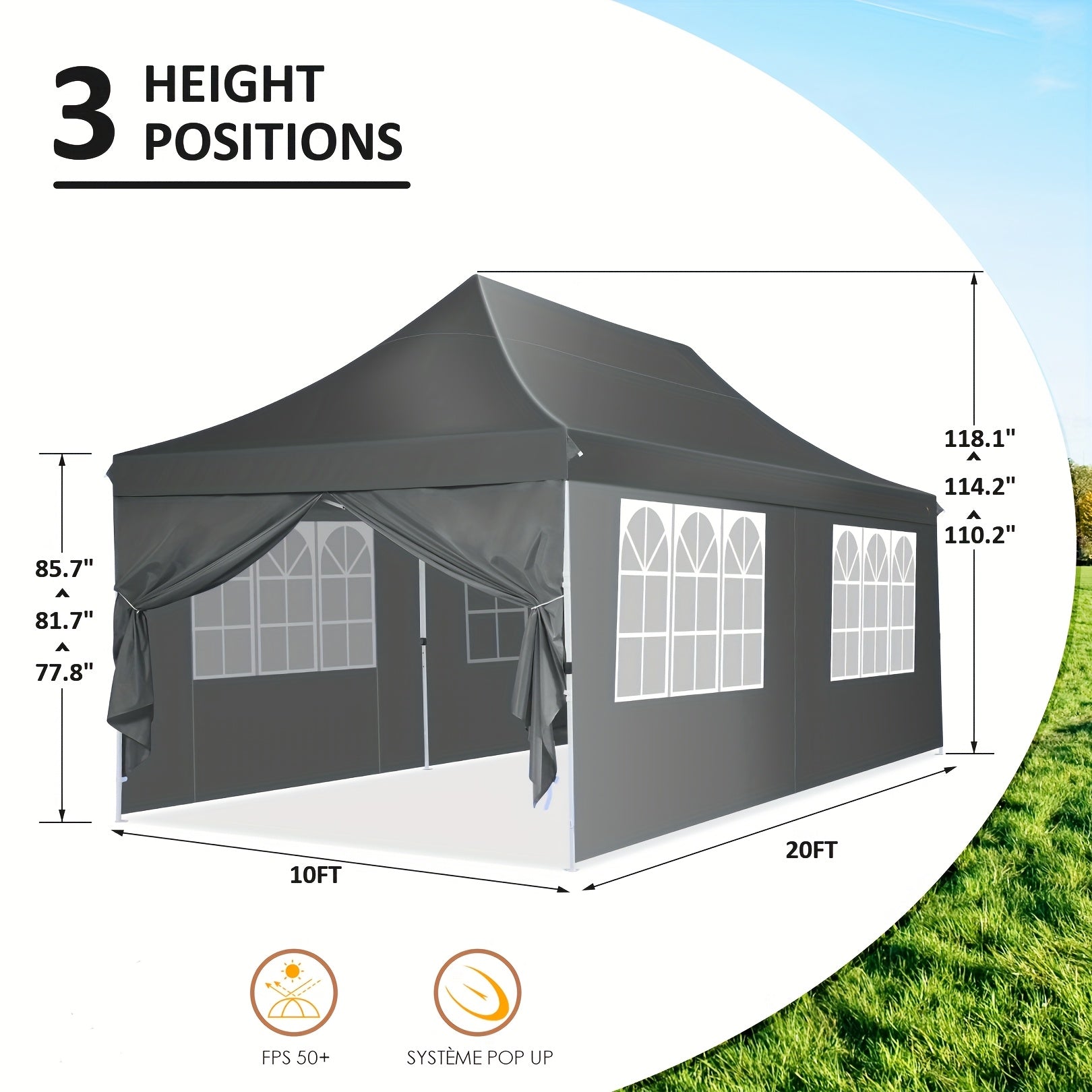 Pop-up Tent – Buitentent – Partytent – Markt Tent – Afneembare Zijwanden – Stevig Lichtgewicht Frame – 3,05x6,1 Meter - QUORE