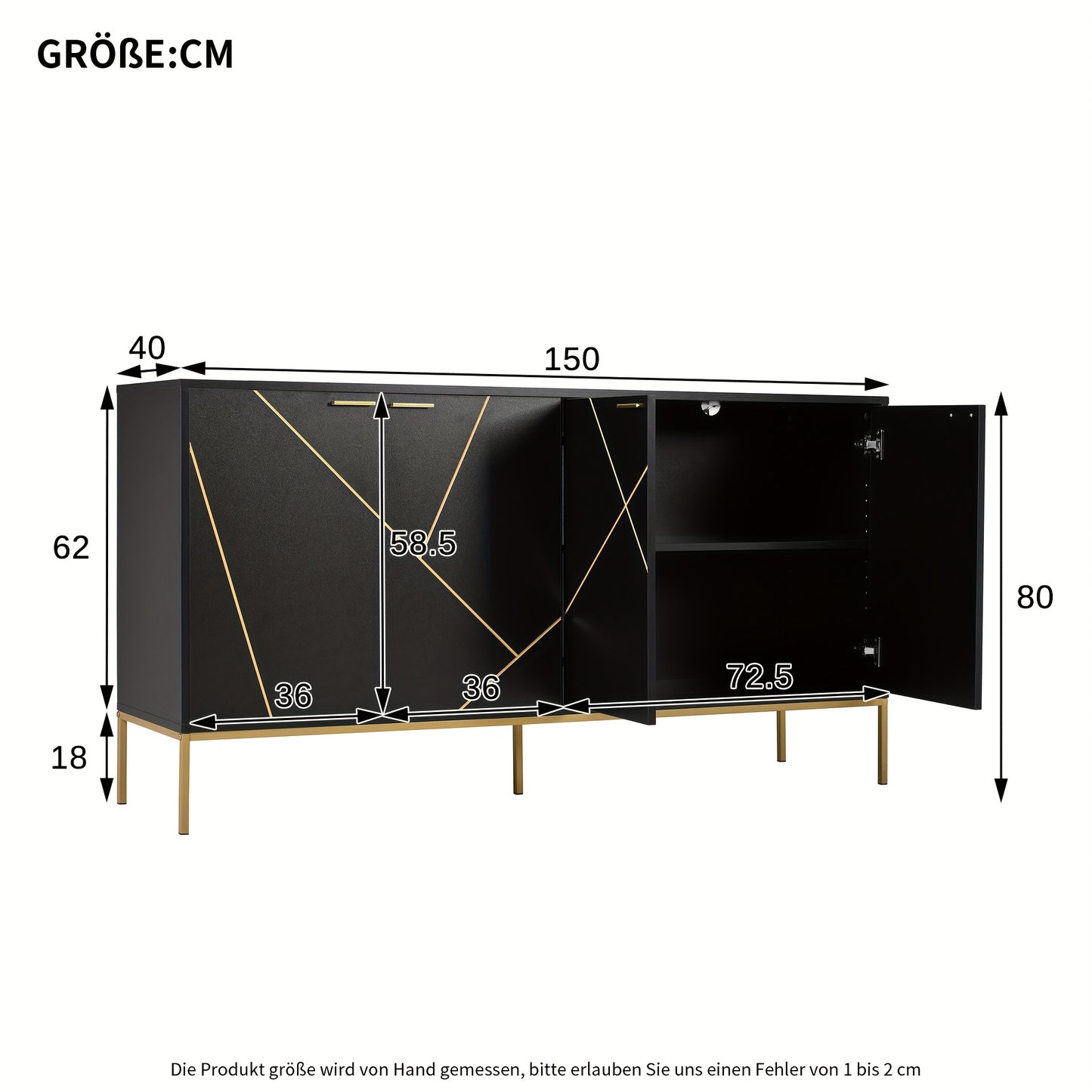 Dressoir – Sideboard – Opbergkast – Ladekast – Buffetkast – Zwart Met Gouden Accenten – Stevige Metalen Constructie – Compact 31,5x59x15 cm