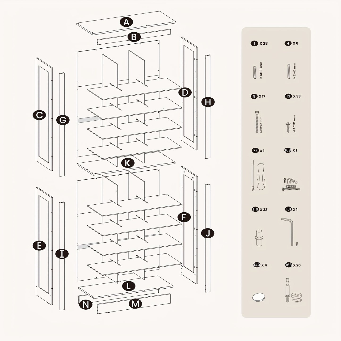 Schoenenkast – Vrijstaande Schoenenkast – Schoenenopberger – Schoenrek – Schoenmeubel – Witte Kleur – 30 Paar Schoenen – Ruimtebesparend Design