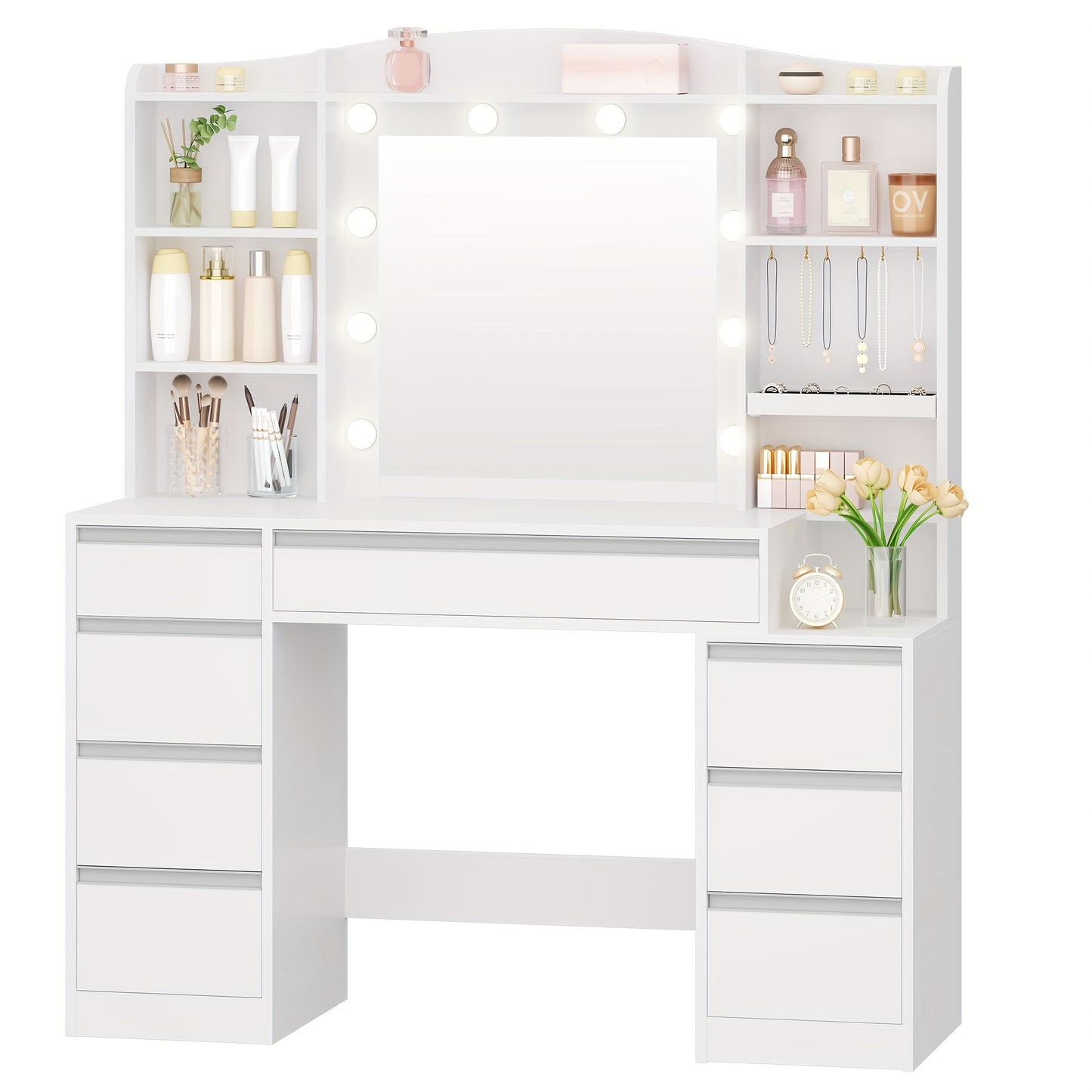 Kaptafel – Make-up Tafel – Vanity – Make-up Meubel – Sieradentafel – 100 cm Breed Werkblad – RGB LED Verlichting – 8 Lades – Witte Afwerking – Geïntegreerde Sieradenplank