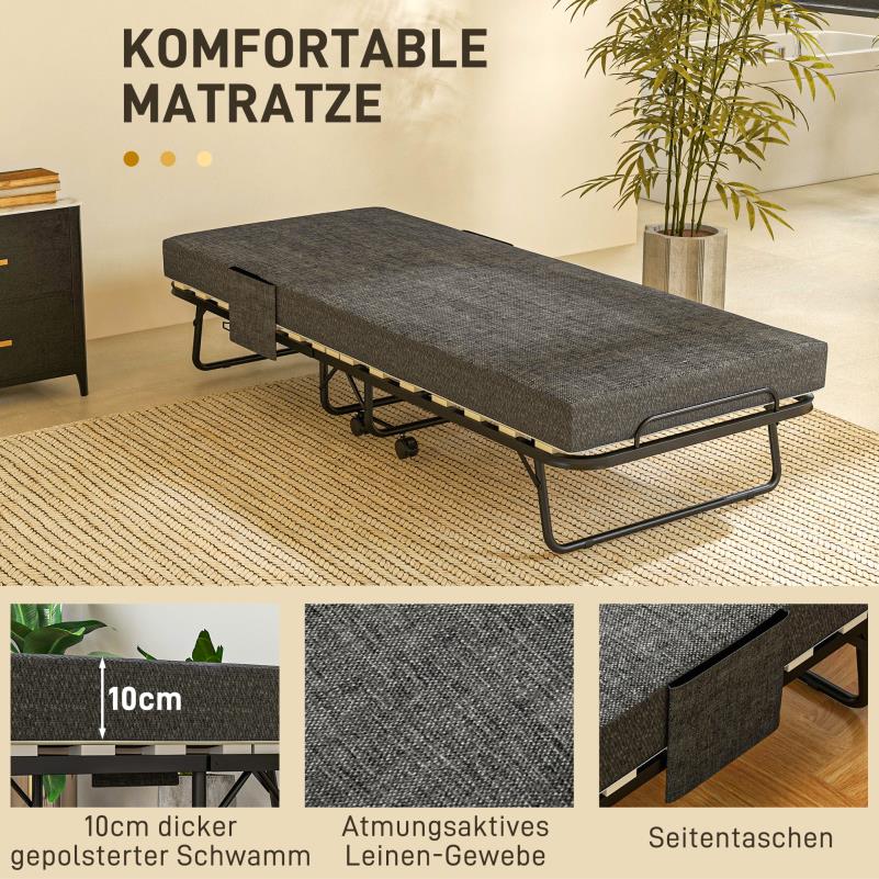 Opklapbed – Vouwbed – Logeerbed – Slaapbank – Bedbank – Donkergrijs – Met Zijvak – 10 cm Dik Matras – Ruimtebesparend Design