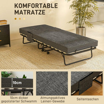 Opklapbed – Vouwbed – Logeerbed – Slaapbank – Bedbank – Donkergrijs – Met Zijvak – 10 cm Dik Matras – Ruimtebesparend Design
