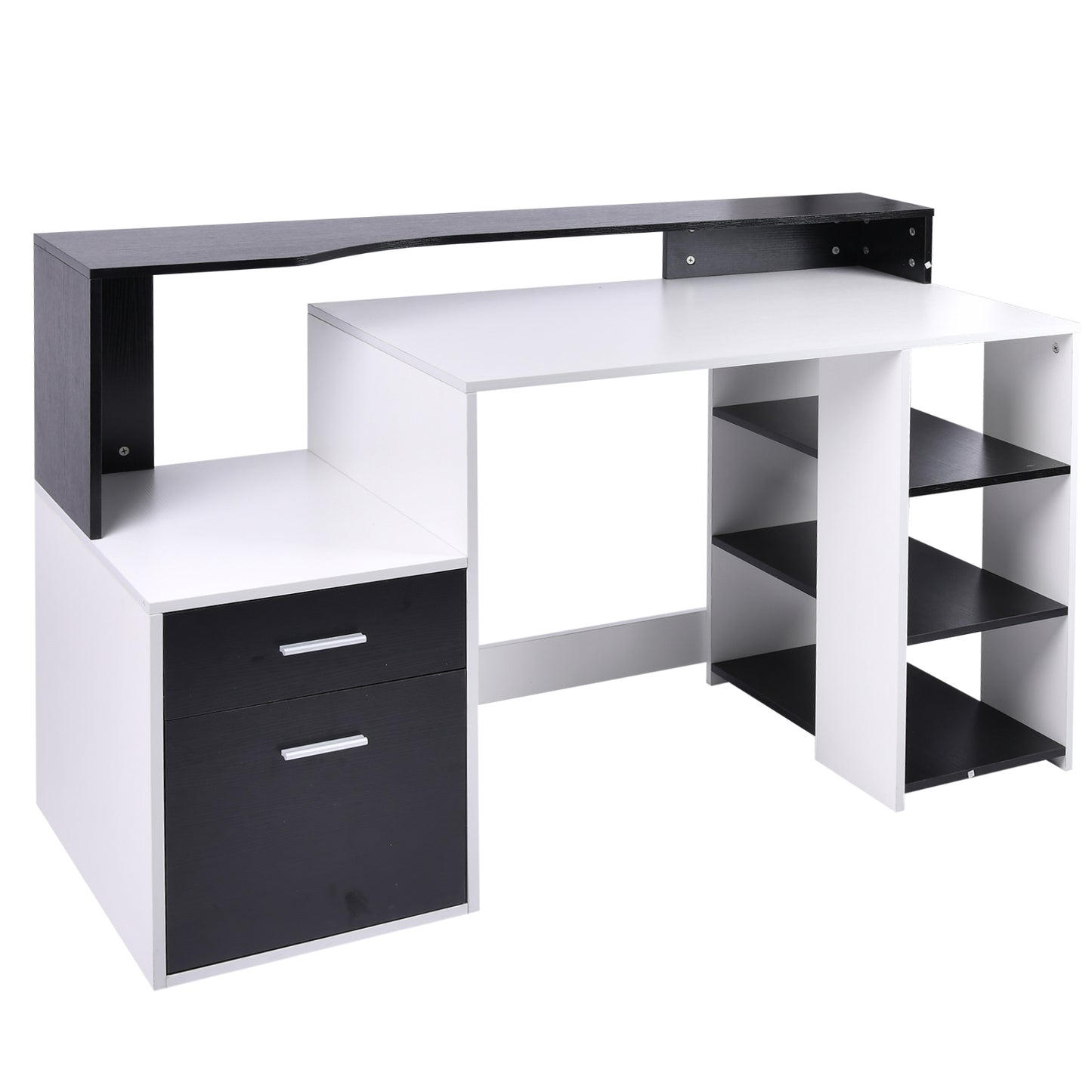 Computertafel – Bureau – Werkplektafel – Study Desk – Home Office Desk – Met 3 Zijvakken en 2 Laden – Compact En Stevig MDF Hout – Wit/Zwart