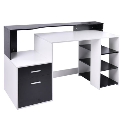 Computertafel – Bureau – Werkplektafel – Study Desk – Home Office Desk – Met 3 Zijvakken en 2 Laden – Compact En Stevig MDF Hout – Wit/Zwart