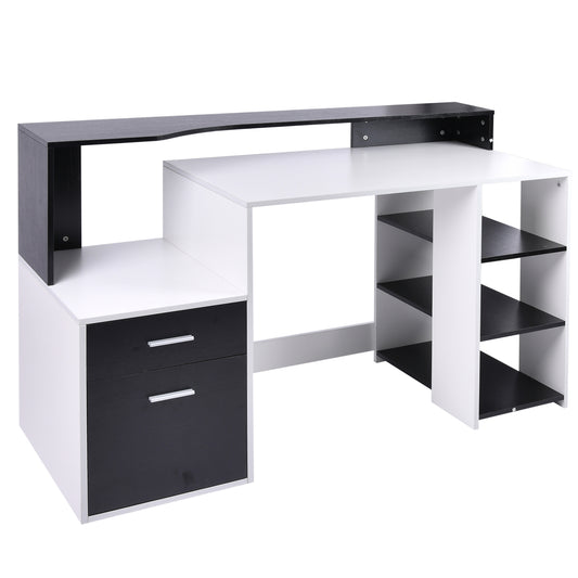 Computertafel – Bureau – Werkplektafel – Study Desk – Home Office Desk – Met 3 Zijvakken en 2 Laden – Compact En Stevig MDF Hout – Wit/Zwart