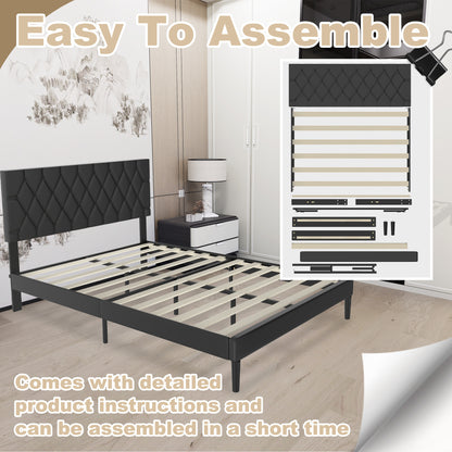 Bedframe – Gestoffeerd Bed – Tweepersoonsbed – Platformbed – Slaapbank – Zwart Kunstleer – 160x200 cm – Met Houten Lattenbodem