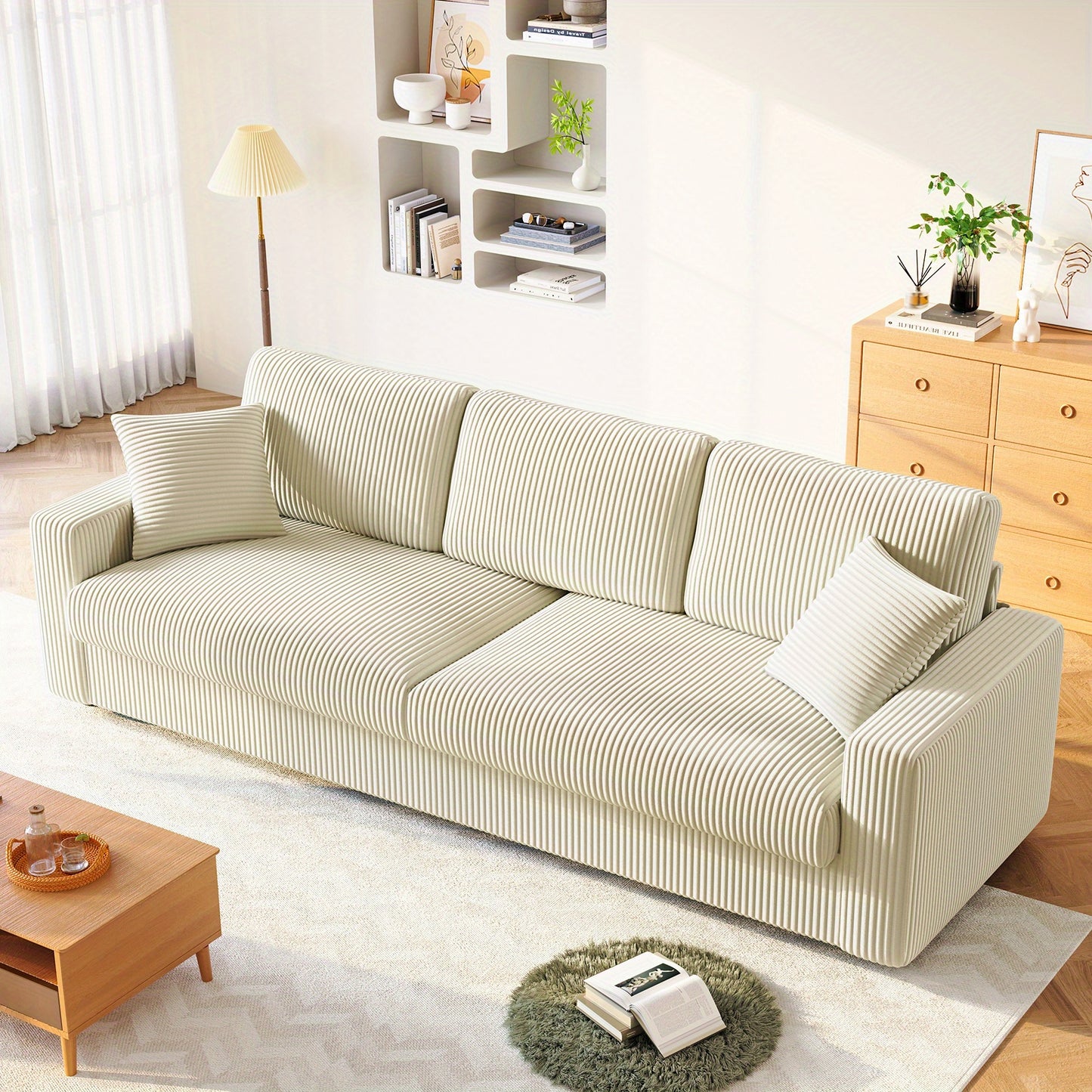 4-Zits Corduroy Bank – Hoekbank – Zithoek – Loungeset – Slaapbank – Beige – 256 cm – Zachte Ribstof – Stevig Houten Frame