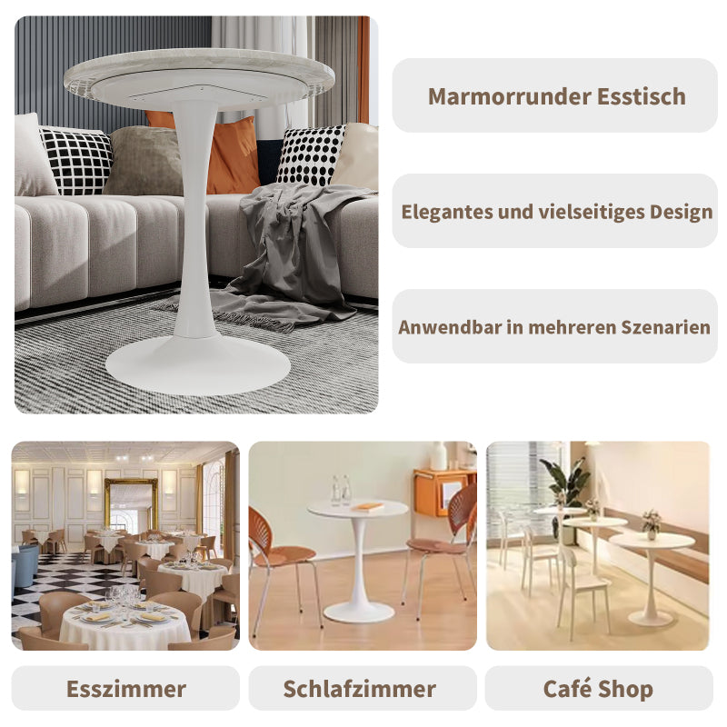 Ronde Tafel – Eettafel – Salontafel – Bijzettafel – Werktafel – Kunstmarmer Blad – 70 cm Diameter – Wit Met IJzeren Poot – Geen Montage Nodig