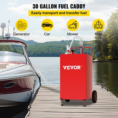 Brandstoftank – Brandstofcontainer – Jerrycan – Benzinetank – Tankwagen – 30 Gallon Inhoud – Roestvrij Staal Met Handpomp en 8 Inch Wielen