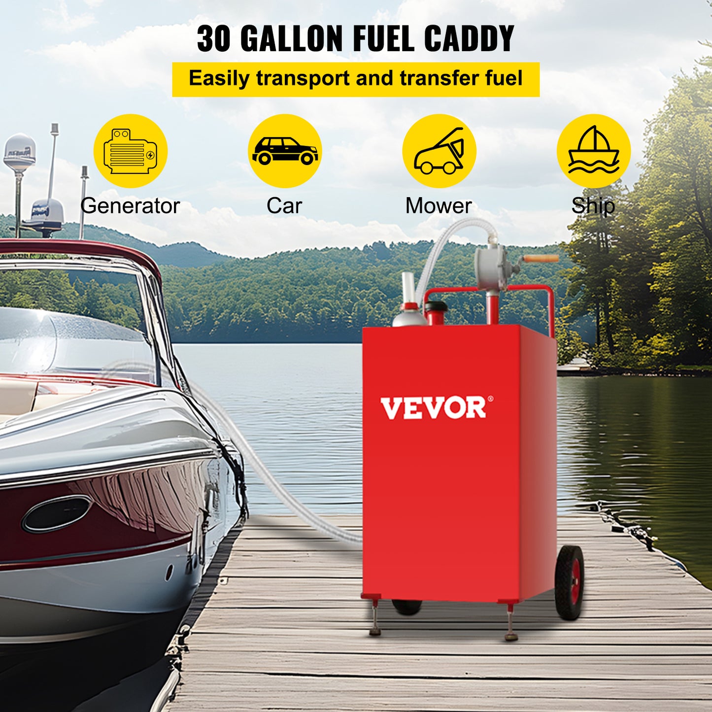 VEVOR Fuel Caddy 30 Gallon Fuel Storage Tank with 2 Wheels and Manual Pump, Red