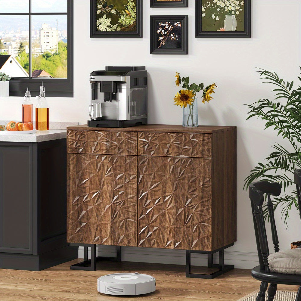 Dressoir – Opbergkast – Ladekast – Buffetkast – Sideboard – Donkerbruin Walnootfineer – 2 Laden en 2 Deuren – Grepenloos Design – Metalen Poot – 80x40x78 cm