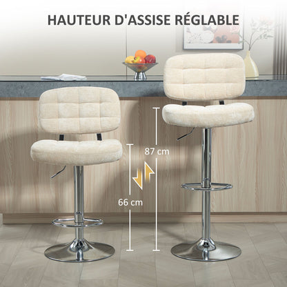 Barstoel – Barkruk – Barstoel Met Rugleuning – Keukenstoel – Barkruk Met Voetsteun – Verstelbare Hoogte 66-87 Cm – 360º Draaibaar – Bouclé Bekleding Beige