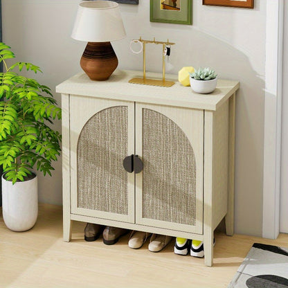 Modern Natural Rattan Storage Cabinet with Two Doors - Curved Sideboard or China Cabinet, Sturdy Metal Frame, Open Shelf & Closed Storage Compartments, Space-Saving Entryway, Living Room, Dining Room, Kitchen Organizer - No A