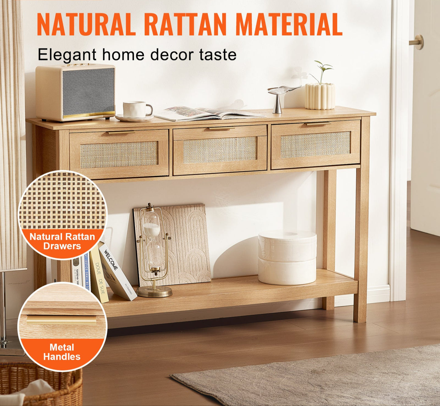 Rieten Sidetable – Rieten Tafel – Opbergtafel – Bijzettafel – Wandtafel – Natuurlijk Riet – 3 Lades – Eenvoudige Montage
