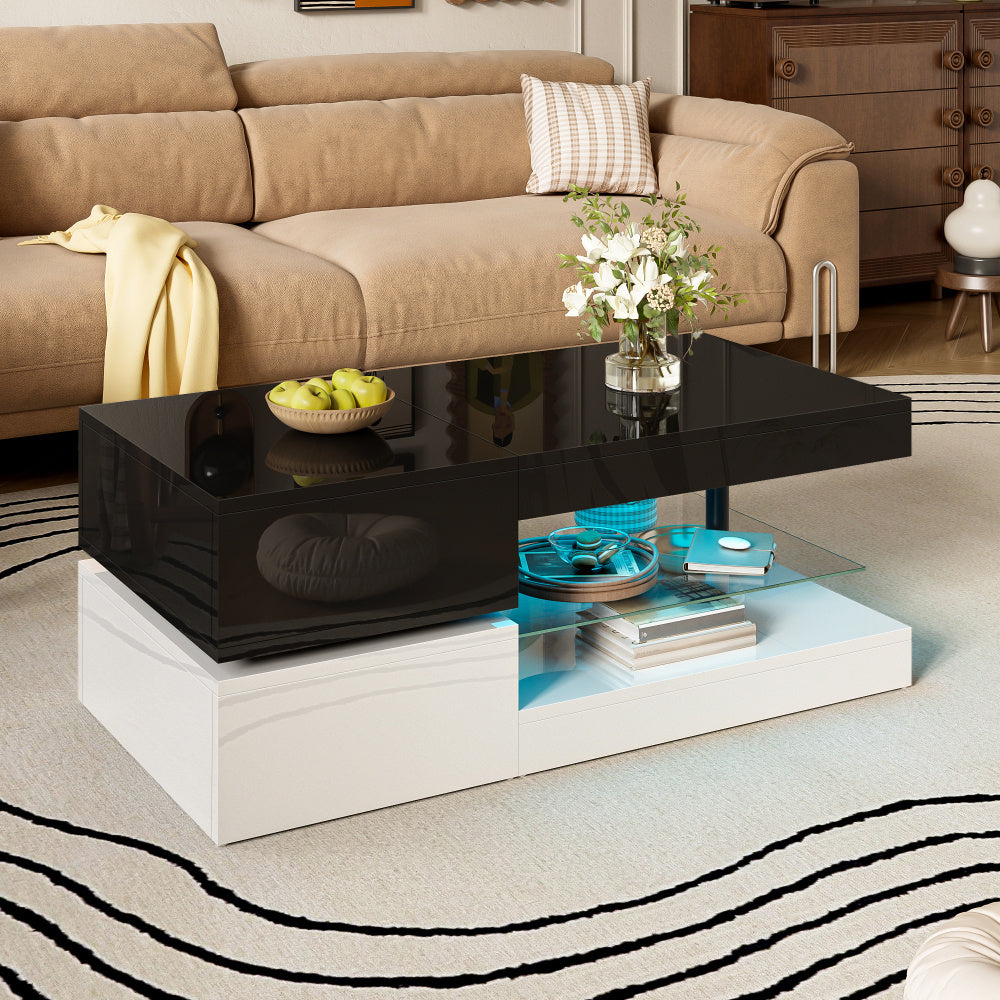 Modern Black & White Glass Top Coffee Table with Glossy Surface & Lower Shelf - Heavy-Duty Non-Wood Construction, Easy Assembly, Minimalist Living Room Center Table for Home Decor, Durable Glass Shelves & Smooth Edges, Space-
