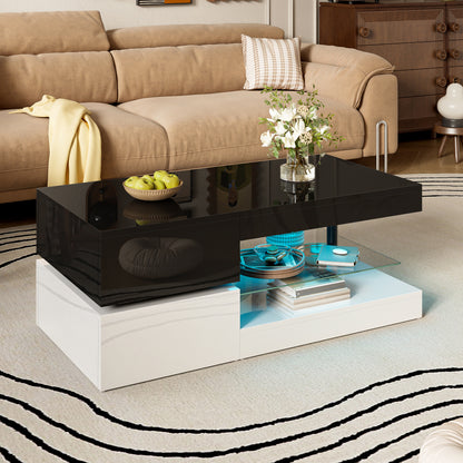 Modern Black & White Glass Top Coffee Table with Glossy Surface & Lower Shelf - Heavy-Duty Non-Wood Construction, Easy Assembly, Minimalist Living Room Center Table for Home Decor, Durable Glass Shelves & Smooth Edges, Space-