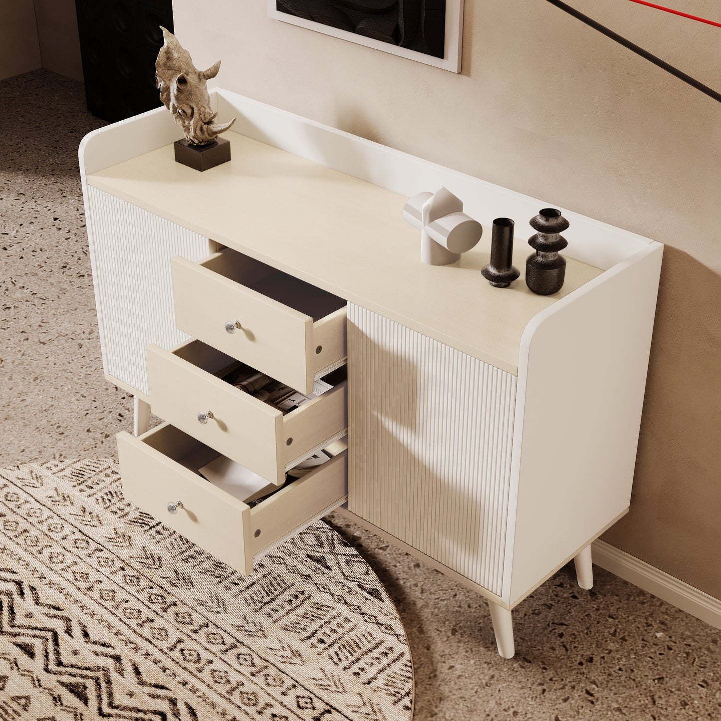 BTM Sideboard Dresser with Three Drawers, Striped Sliding Doors, Storage Shelves, and Raised Countertop, Modern Sideboard in White and Wood Finish on Tall Wooden Legs, 117.5×39.5×79 cm