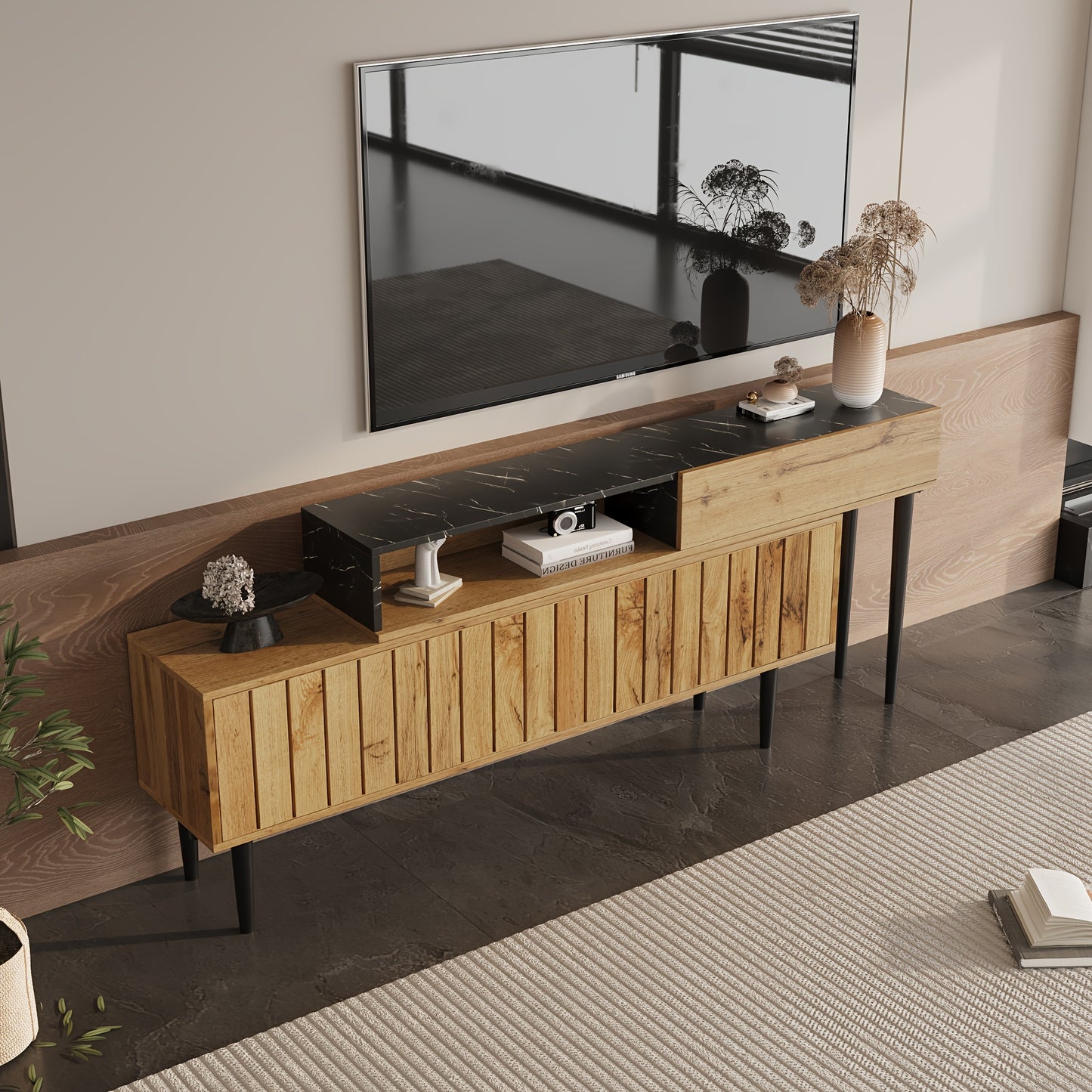 Modern TV‑kast / TV‑cabinet in Wit & Hout – 180 × 50 × 38 cm – Vrijstaand Mediameubel voor Woonkamer of Studio