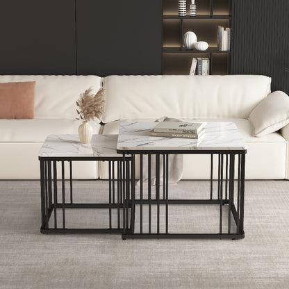 Koffietafel Set – Salontafel – Bijzettafel – Lounge Tafel – Woonkamertafel – Hoogglans Marmerlook – Verstelbare Pootjes – Metaal – 2-delig – 60x60x45 & 45x45x40 cm