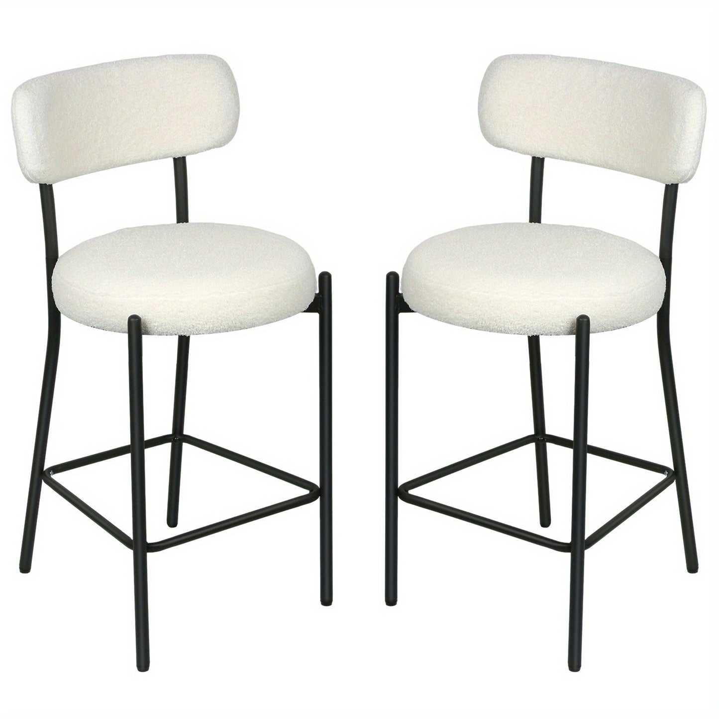 Set of 2 Modern Teddy Boucle Counter Height Chairs & Bar Stools - Plush Round Thick-Seated Padded Dining Set with Black Carbon Steel Frame, Kitchen, Cafe, Breakfast Nook Furniture for or Commercial Use - Easy Assembly