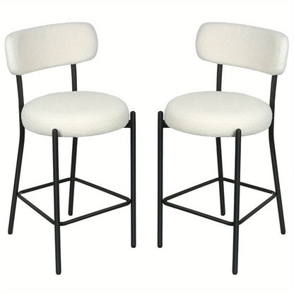 Set of 2 Modern Teddy Boucle Counter Height Chairs & Bar Stools - Plush Round Thick-Seated Padded Dining Set with Black Carbon Steel Frame, Kitchen, Cafe, Breakfast Nook Furniture for or Commercial Use - Easy Assembly
