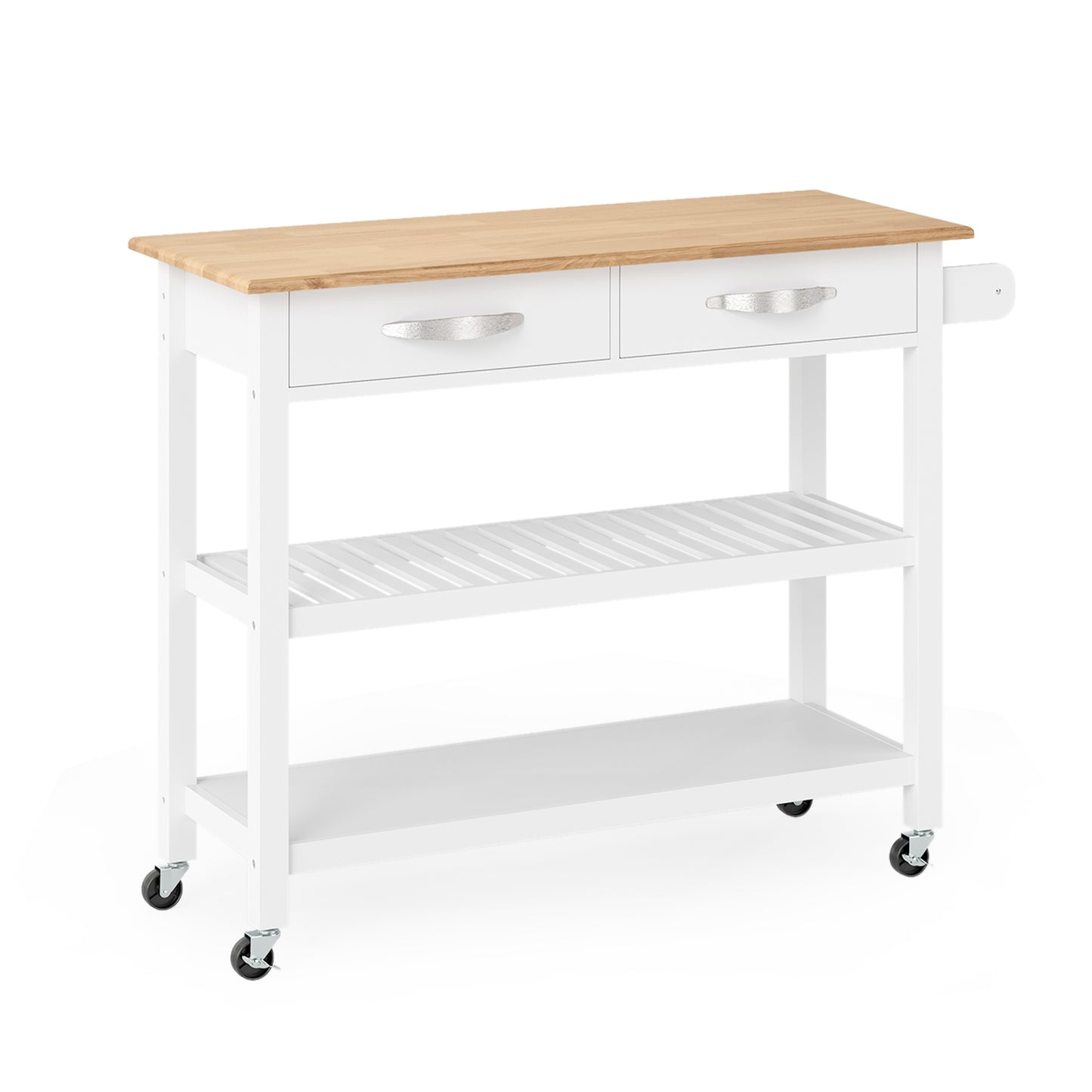 Keukentrolley – Keukenkast – Serveerwagen – Opbergtrolley – Trolley op Wieltjes – Houten Werkblad 116x43 cm – 2 Lades en 2 Open Planken – Verrijdbaar met Remmen