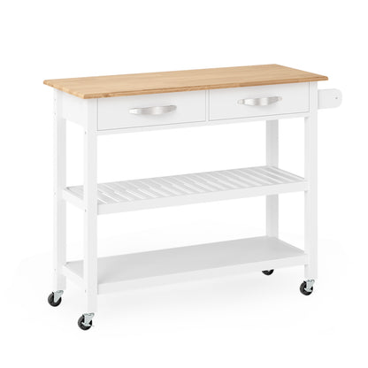 Keukentrolley – Keukenkast – Serveerwagen – Opbergtrolley – Trolley op Wieltjes – Houten Werkblad 116x43 cm – 2 Lades en 2 Open Planken – Verrijdbaar met Remmen