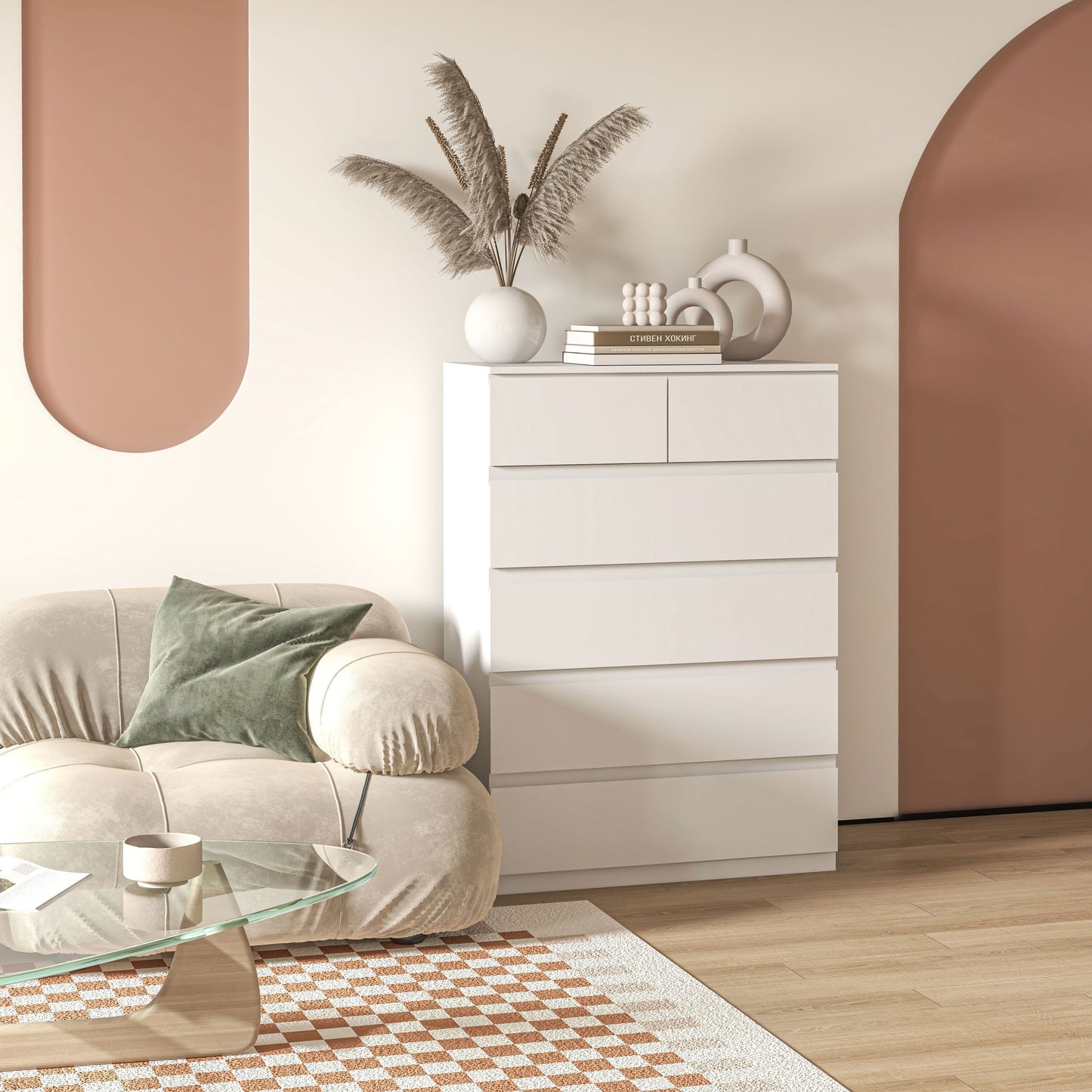 Commode – Ladekast – Dressoir – Opbergkast – Kast – Minimalistisch Design – 6 Lades – Wit – 80 x 39 x 115 cm – Stevig Spaanplaat – Anti-Kantelbeveiliging