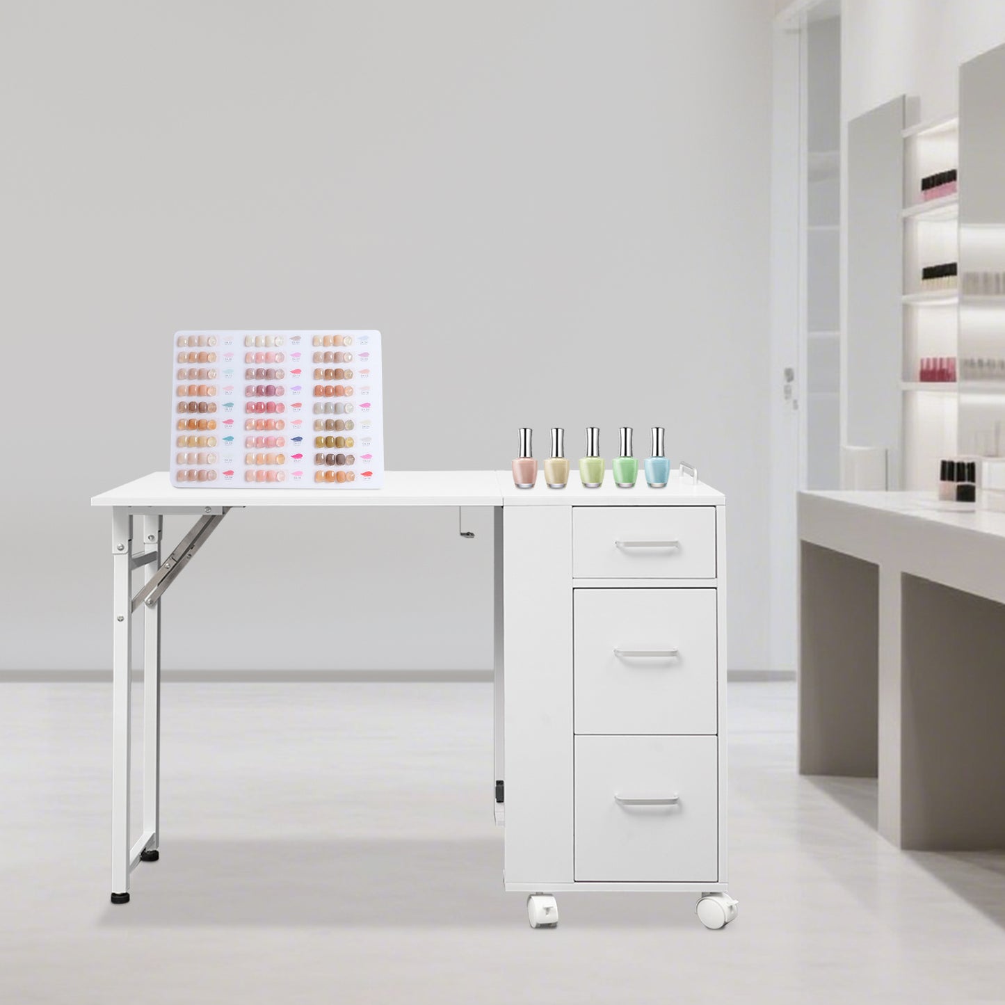 Manicure Tafel – Nageltafel – Nagelstudio Tafel – Nagelwerkbank – Opvouwbare Werkbank – Stevige Metalen Constructie – 3 Laden Met Wieltjes – Wit