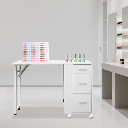 Manicure Tafel – Nageltafel – Nagelstudio Tafel – Nagelwerkbank – Opvouwbare Werkbank – Stevige Metalen Constructie – 3 Laden Met Wieltjes – Wit