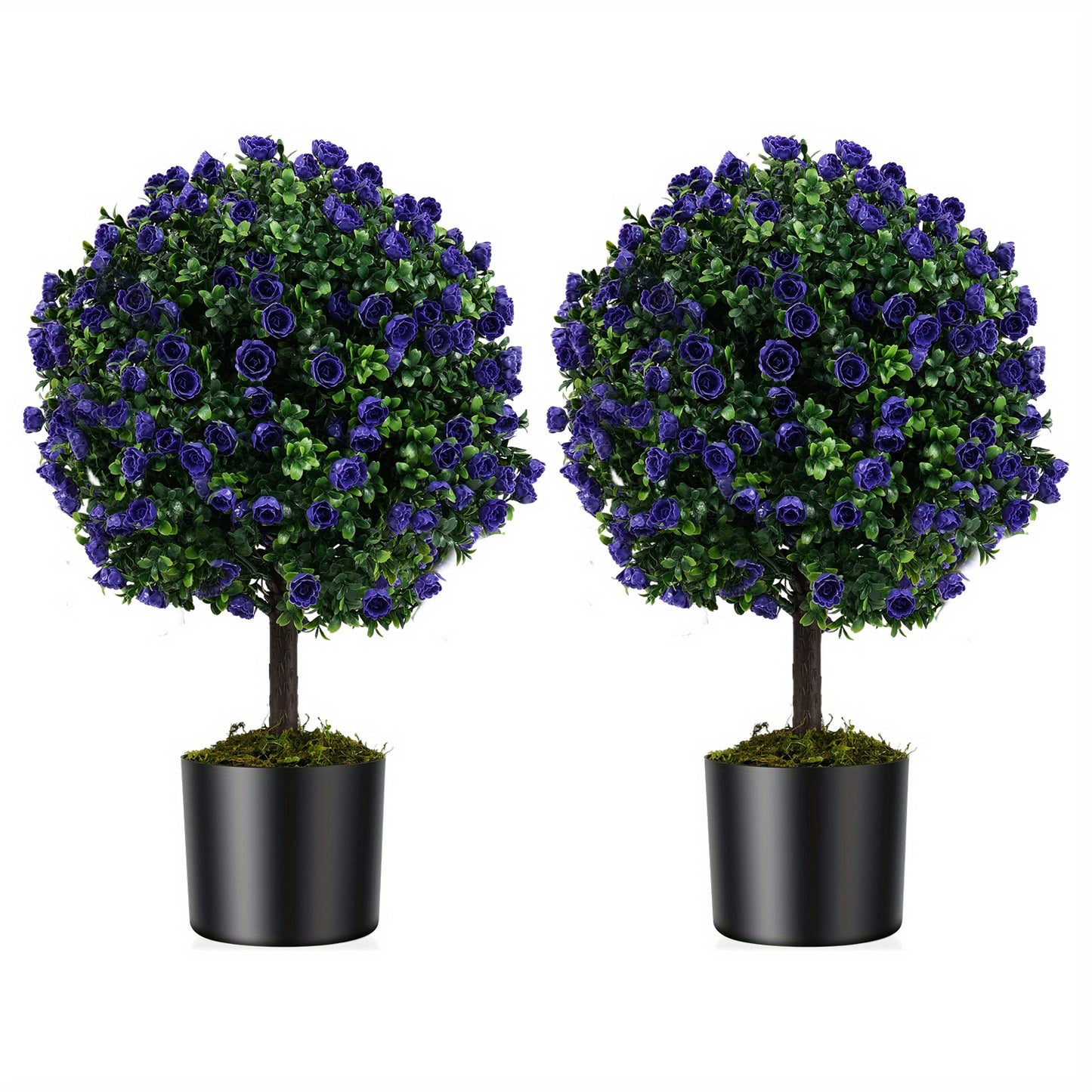 Kunstplant – Kunstboom – Kunstbuxus – Nepplant – Kunstbuxustopiary – Set 2 stuks – 55 cm Hoog – Cementgevulde Stevige Pot – Realistisch 7-Laags Blad – Paarse Rozen – Weerbestendig PE/PP – Onderhoudsvrij