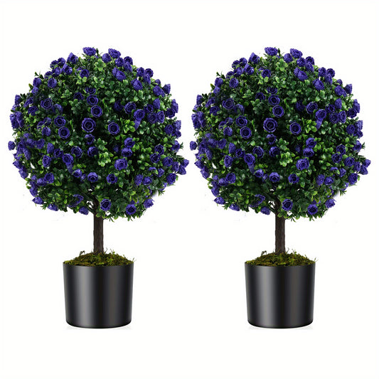 Kunstplant – Kunstboom – Kunstbuxus – Nepplant – Kunstbuxustopiary – Set 2 stuks – 55 cm Hoog – Cementgevulde Stevige Pot – Realistisch 7-Laags Blad – Paarse Rozen – Weerbestendig PE/PP – Onderhoudsvrij