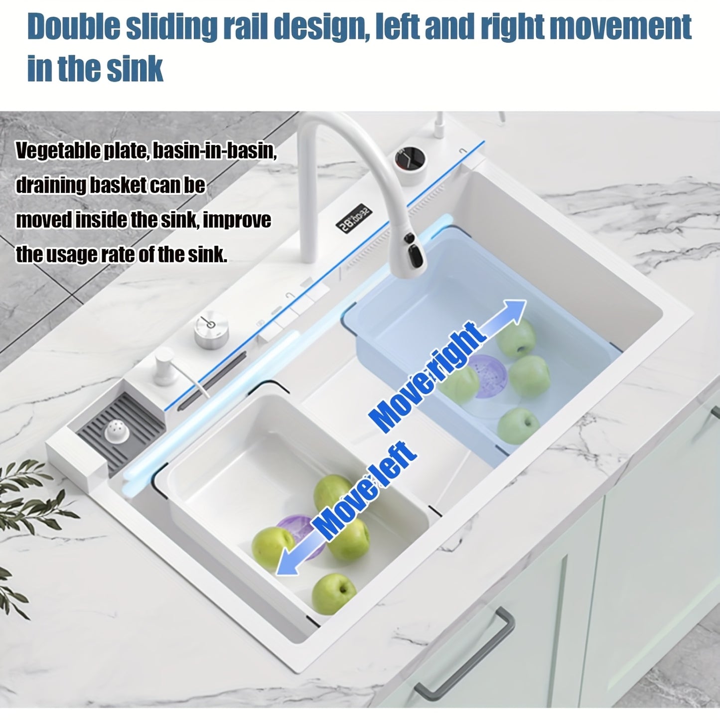 Waterval Keukenspoelbak – Keukenspoelbak – Spoelbak – Keukensink – Wastafel – Wit – Dubbele Afvoer – Digitale Watervalkraan