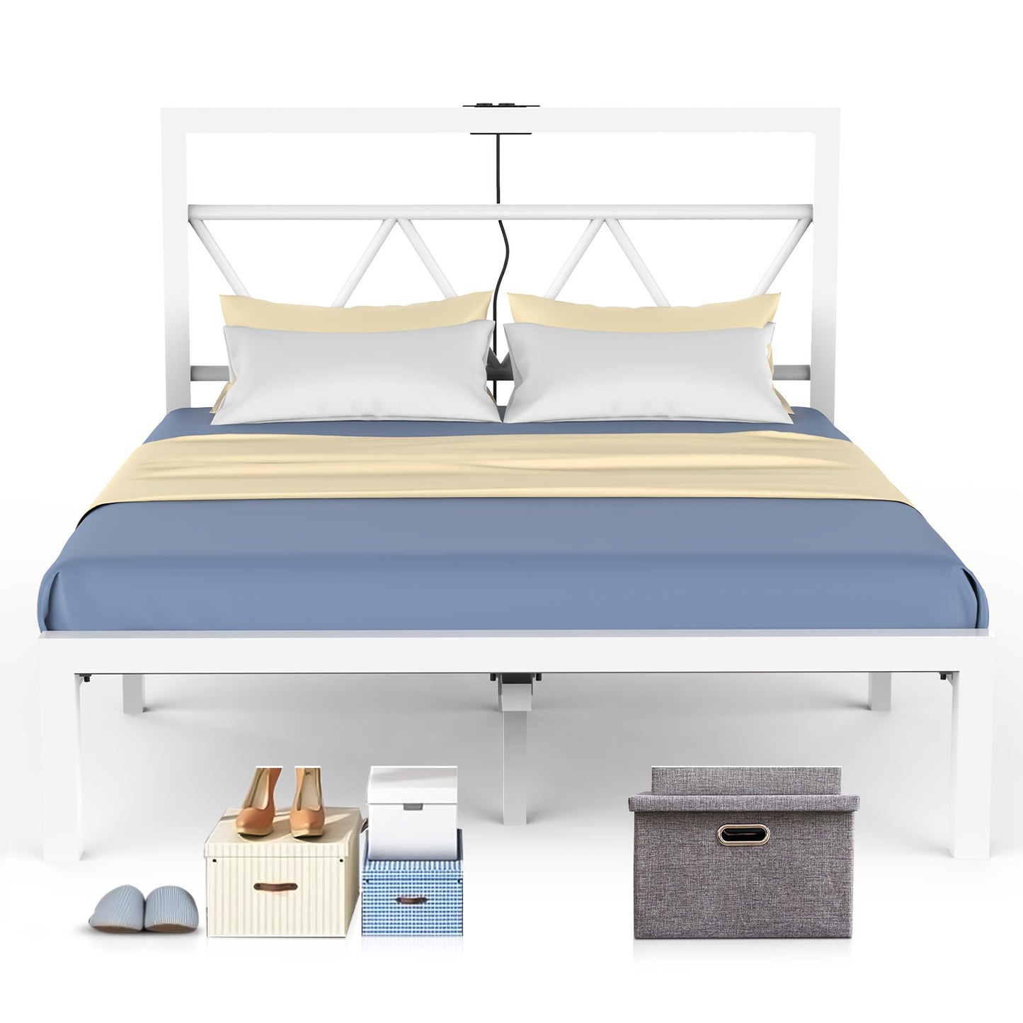 140x200 cm Eenpersoonsbed Frame met Oplaadstation – Metalen Platformbed met Hoofdeinde – Wit, Modern en Minimalistisch