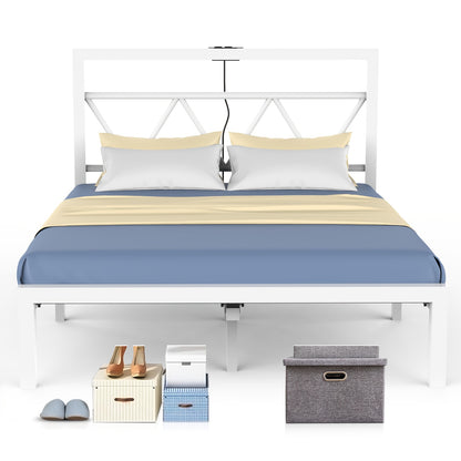 140x200 cm Eenpersoonsbed Frame met Oplaadstation – Metalen Platformbed met Hoofdeinde – Wit, Modern en Minimalistisch