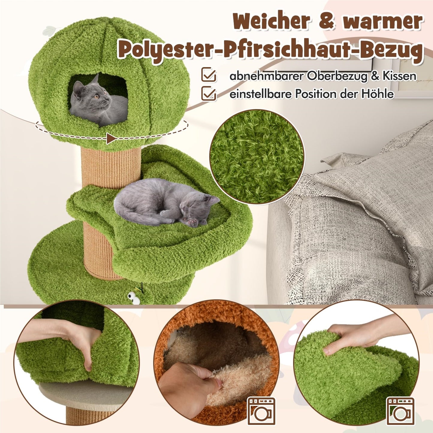 Kattenboom – Krabpaal – Klimmeubel – Kattenhuis – Kattenklimtoestel – Met Kattenholte en Speelballen – Stevig Houten Frame met Sisal Krablaag – Afmeting 60x60x148 cm – Bruin Groen Natuurlijk