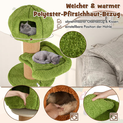 Kattenboom – Krabpaal – Klimmeubel – Kattenhuis – Kattenklimtoestel – Met Kattenholte en Speelballen – Stevig Houten Frame met Sisal Krablaag – Afmeting 60x60x148 cm – Bruin Groen Natuurlijk