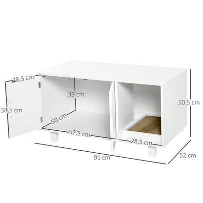 kattenbakhuis – kattenbak kast – kattenbak meubel – kattentoilet – kattenhuis – wit fiberboard – geïntegreerde kattenbakruimte – open vak krabpaal