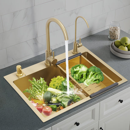 Enkele Spoelbak – Keukenspoelbak – Inbouwspoelbak – Onderbouwspoelbak – RVS Goudkleurig – 60x45 cm – Inclusief 2 Kraan Gaten, Zeepdispenser en Afloopmandje