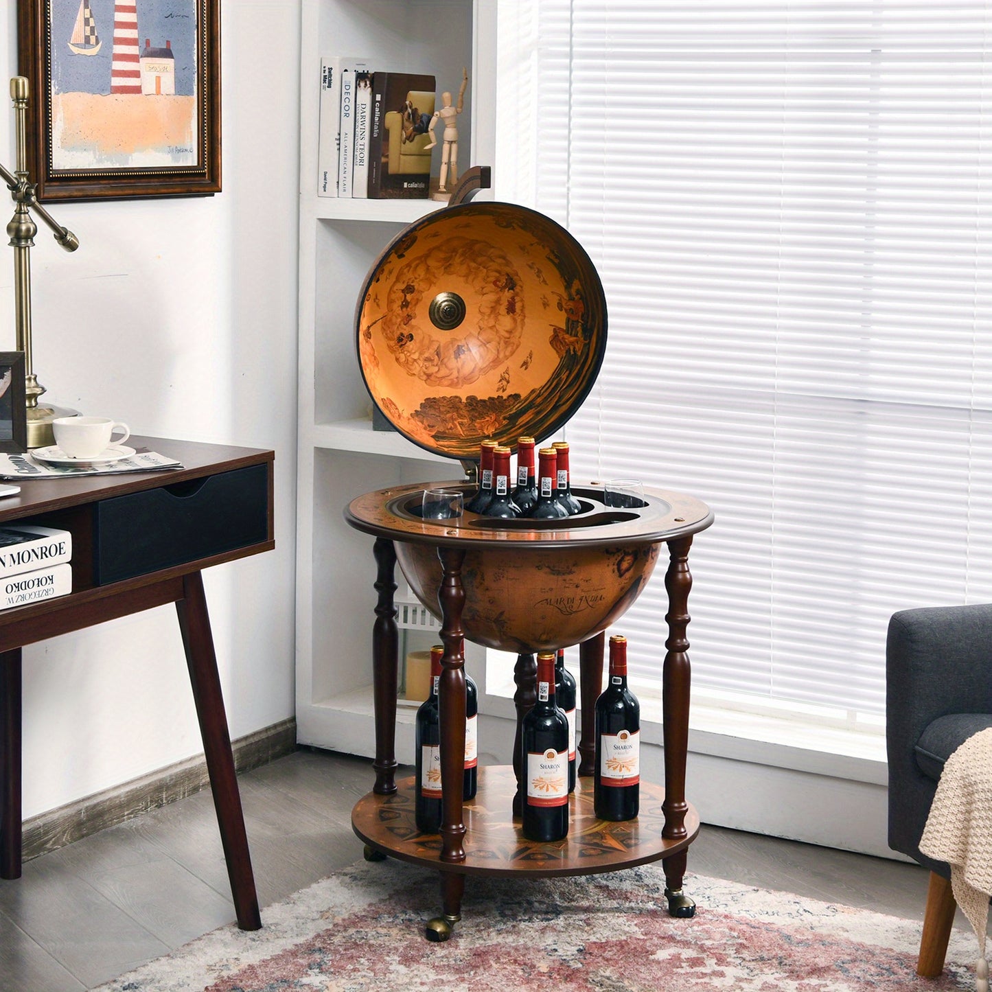 Globe Wijnbar – Wijnkast – Wijnrek – Wijnkar – Bijzettafel – Mobiel Met Wieltjes – Antiek Italiaans Design – Massief Hout & MDF