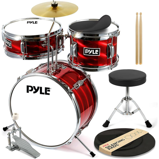 Kinder Drumstel – Kinderdrumset – Junior Drumstel – Beginners Drumkit – Kids Drums – Verstelbare Kruk – Inclusief Demppads – Rood Metallic
