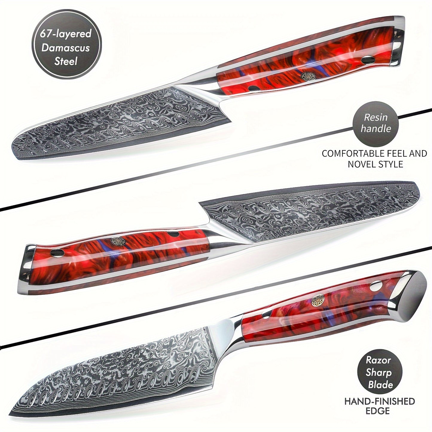 Xuan Series 7-inch Damascus Santoku Knife - VG-10 Hammer-Forged Steel, Sunset Red Resin Handle, Ultra-Sharp Professional Chef Knife for Home & Professional Kitchens