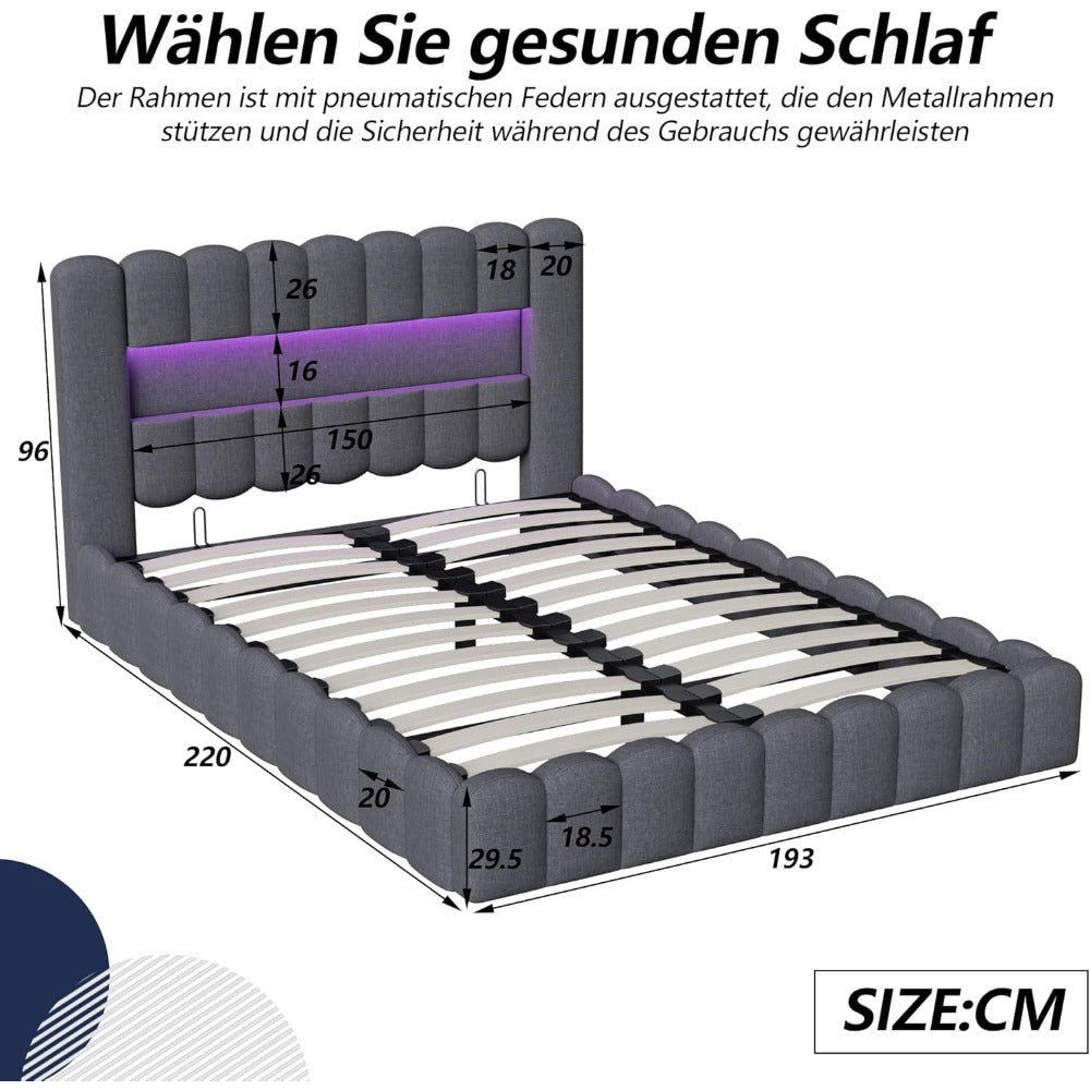 Boxspringbed – Boxspring – Tweepersoonsbed – Boxspringbedframe – Gestoffeerd Bed – 160x200 cm – LED Hoofdbord – USB Laadpoorten – Opbergruimte – Lattenbodem