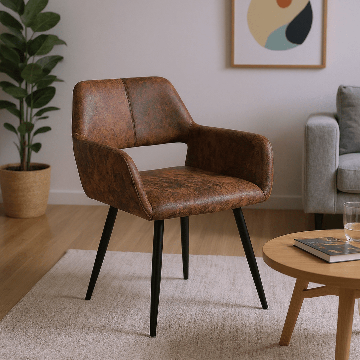 Loungefauteuil – Retro Stoel – Relaxfauteuil – Leunstoel – Zithoekstoel – Bruin Suède – Holle Rugleuning – Verstelbare Voetdoppen – Modern Design – 56x56x78,5 cm