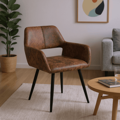 Loungefauteuil – Retro Stoel – Relaxfauteuil – Leunstoel – Zithoekstoel – Bruin Suède – Holle Rugleuning – Verstelbare Voetdoppen – Modern Design – 56x56x78,5 cm