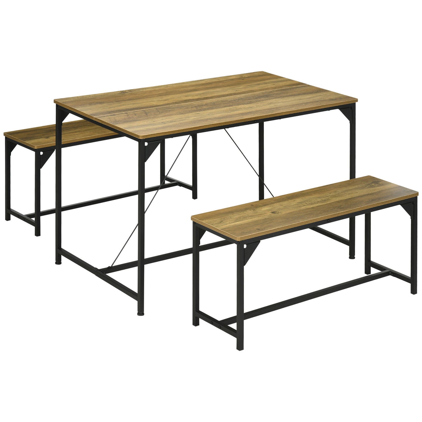 Eethoek – Eetkamerset – Keukentafelset – Tafel met Banken – Eettafelset – Compact en Ruimtebesparend – Houtlook Met Industrieel Staal