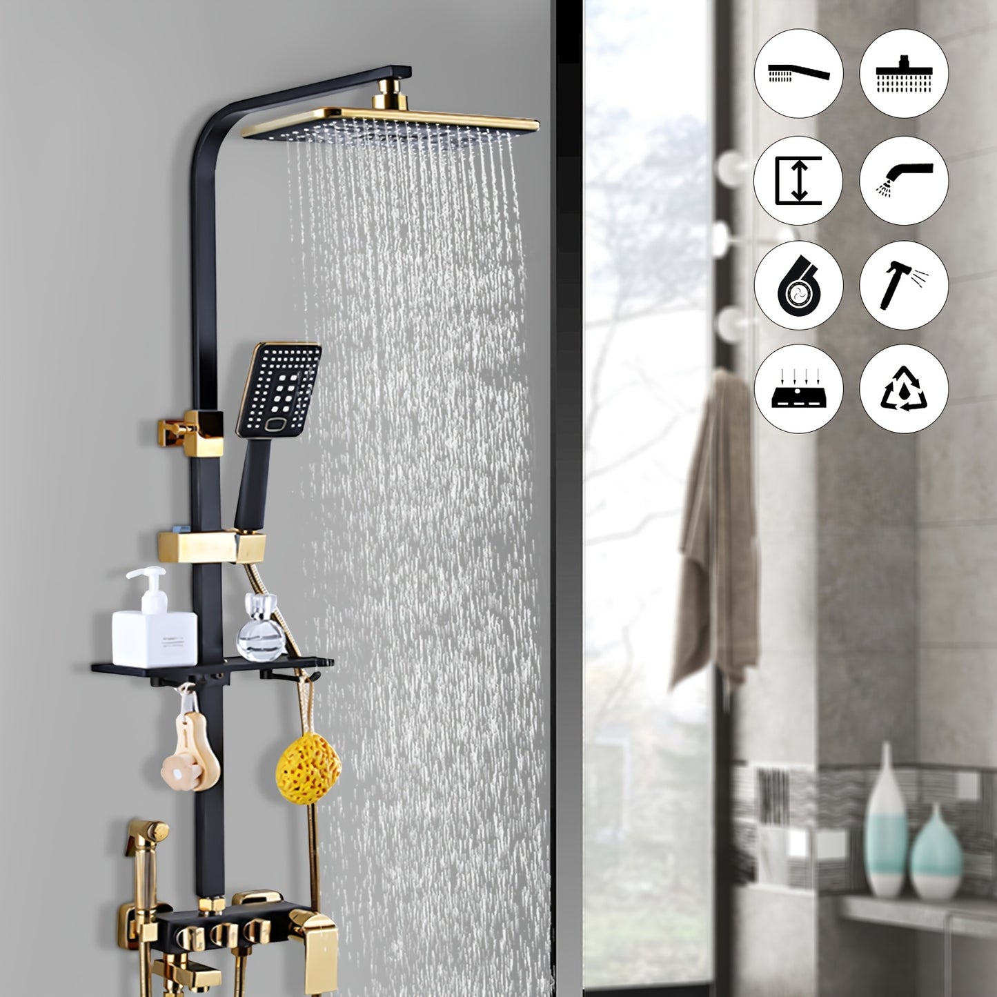 Regendouchekop – Regendouche – Douchekop – Hoofddouche – Handdouche – Thermostatisch – Koper & RVS – Mat Goud