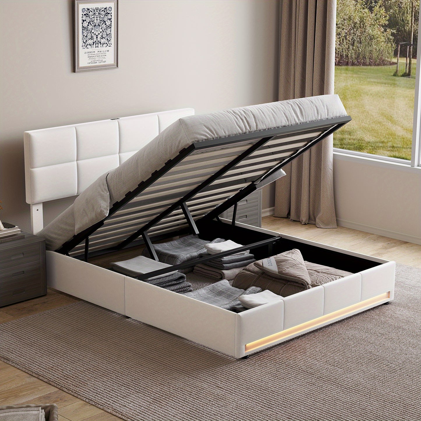 Bedframe – Opbergbed – Gestoffeerd Bed – Tweepersoonsbed – Platformbed – Hydraulische Opbergruimte – Stijlvol Beige Fluweel