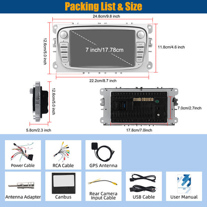 for Ford Focus II/Mondeo/S-Max/C-Max/Galaxy/Kuga Android 15 Car Stereo with 7” Touchscreen, CarPlay & Android Auto, 2G+64G, GPS, WiFi, Plug & Play, Compatible with /FM/RDS Radio (No Cable Change Required)